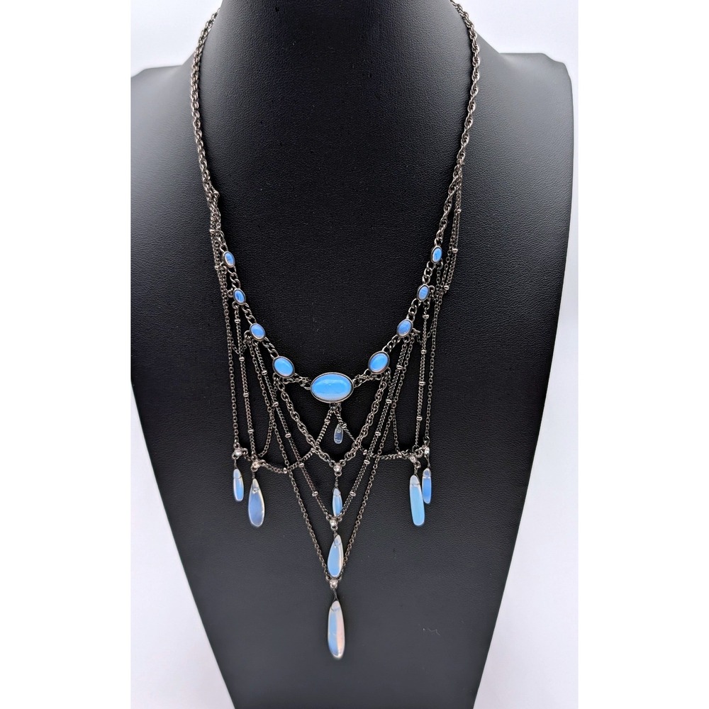 Antique Style Gunmetal Blue Opal Glass Bib Necklace Multi Strand Draped Chain